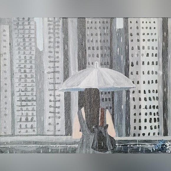 Original Unframed Acrylic Painting Of Women In Rain On 8x10 Canvas Board - Picture 3 of 8
